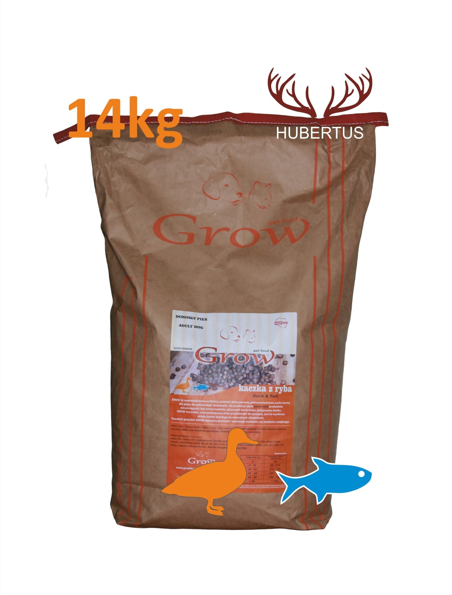 Bezzbożowa karma dla dużych psów dorosłych z kaczką i rybą w brązowym opakowaniu