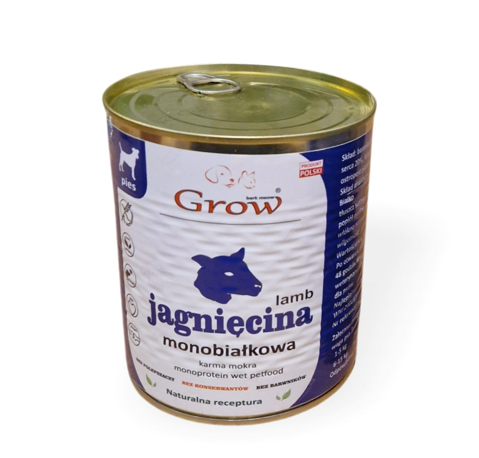 Mokra karma dla psów z jagnięciną w metalowej puszce o wadze 830 gramów