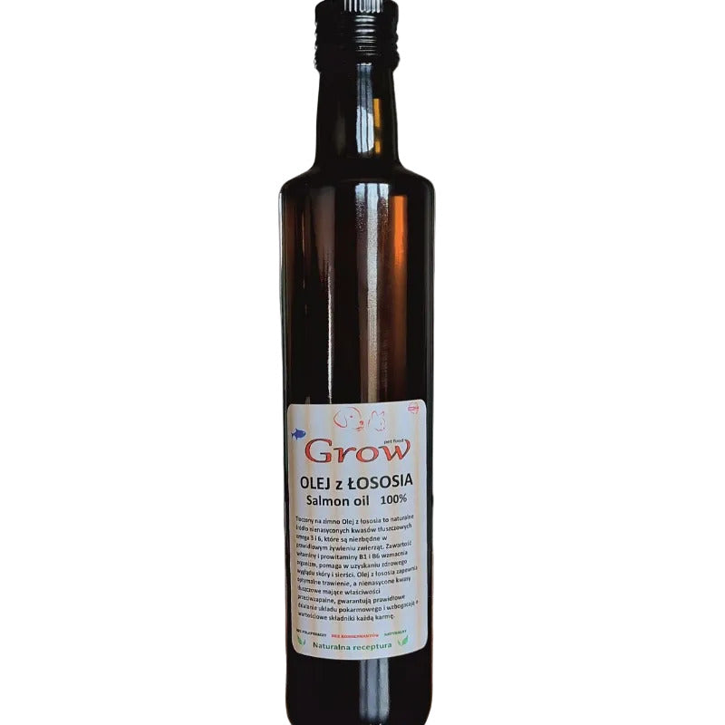 Butelka z ciemnego szkła z olejem z łososia dla psów, wspierającym zdrową skórę i sierść