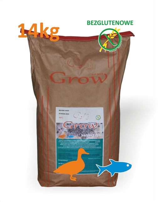 Bezglutenowa karma dla szczeniąt małych i średnich ras z kaczką i rybą w brązowych chrupkach